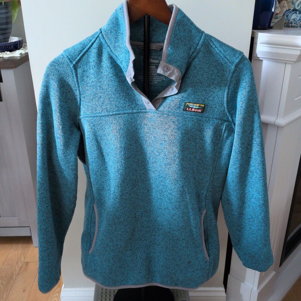 LL Bean Womens Sweater Fleece Pullover Teal Heather Snap Mock Neck Small 292726